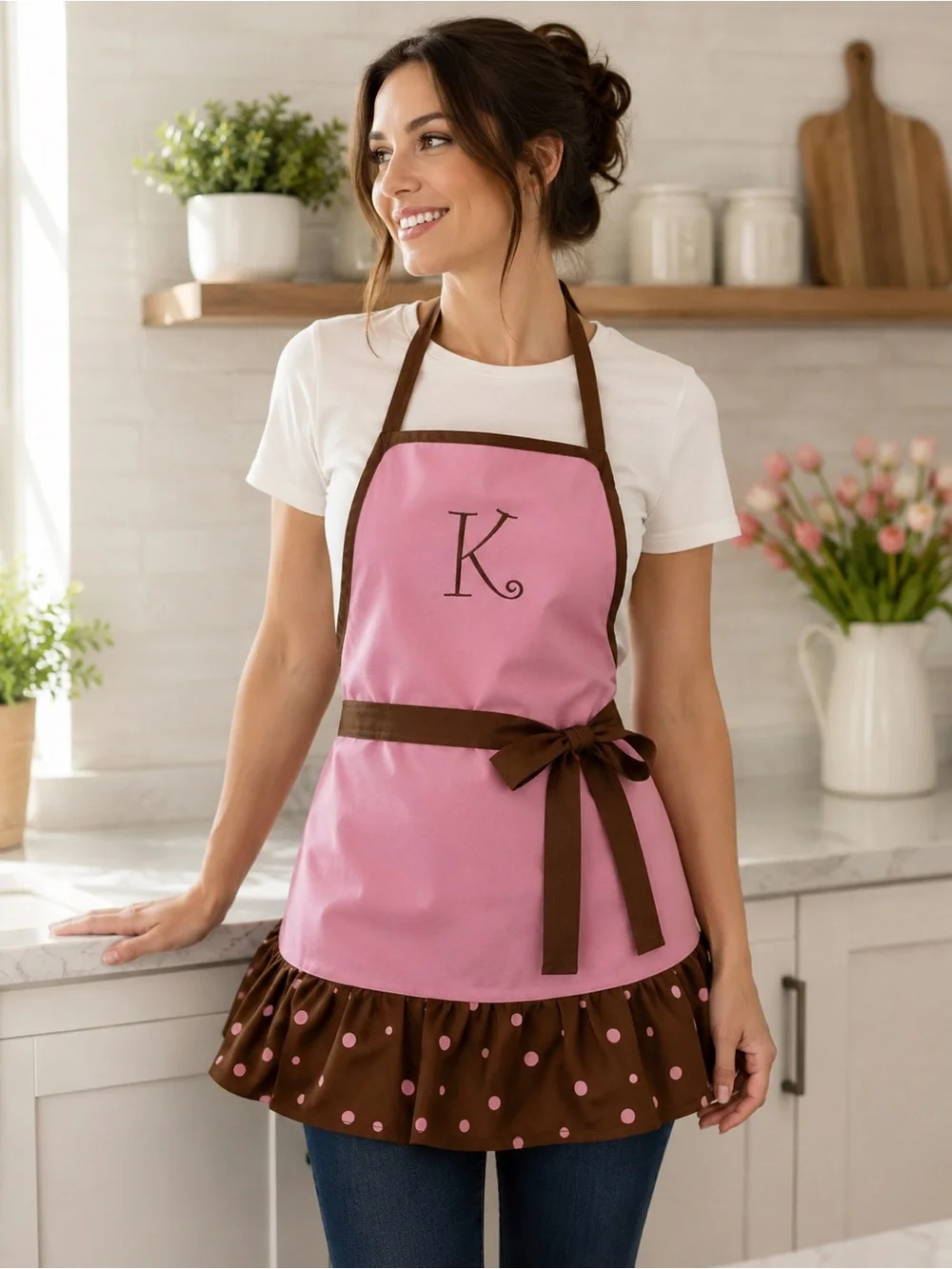 Pink/Brown Polka Dot Ruffle Bib Apron Monogram K 100% Cotton One Size